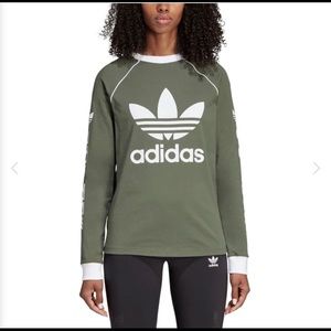 Adidas long sleeved shirt top green olive white medium M CUTE 90s